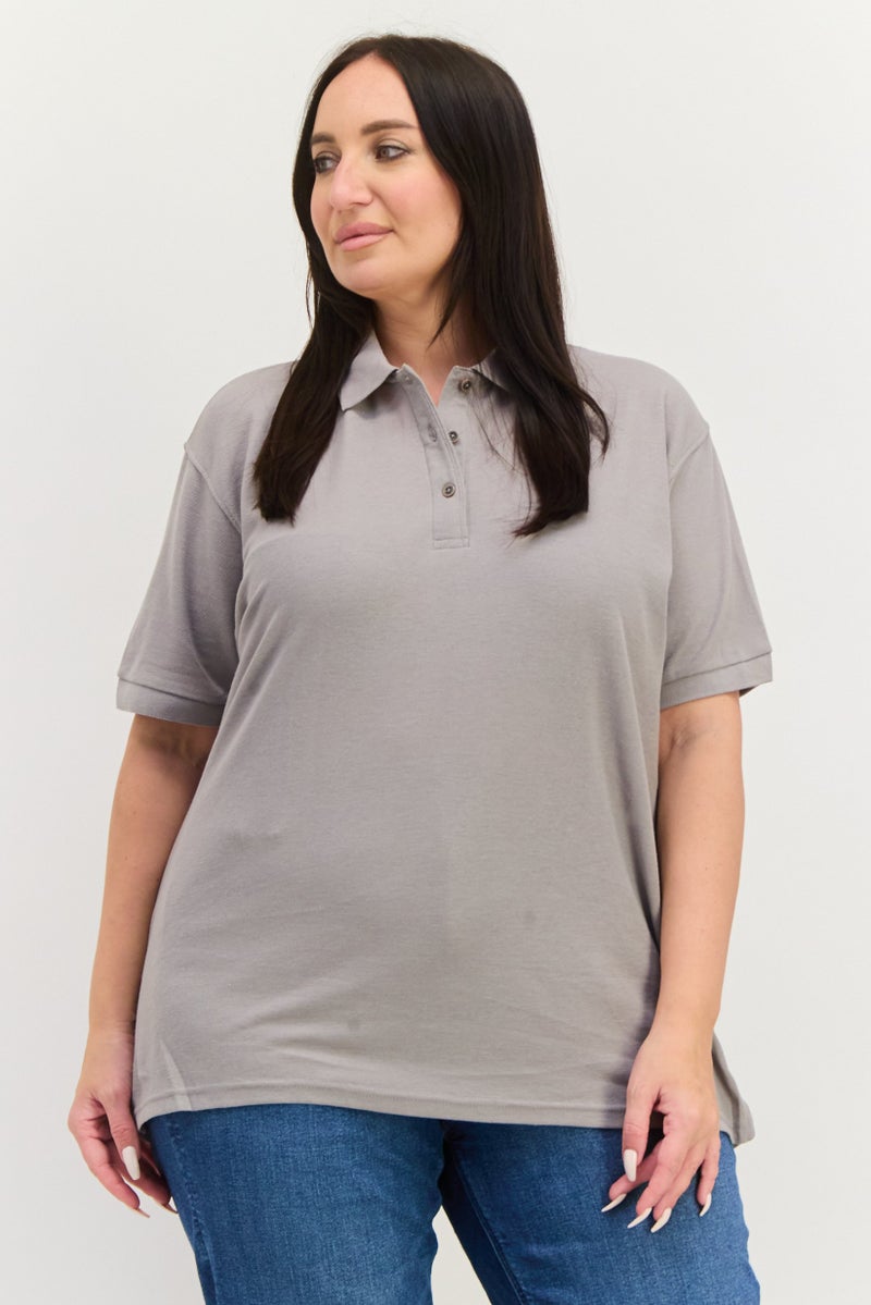 Featherlite Women Spread Collar Short Sleeve Plain Polo Shirt, Grey - Image 1