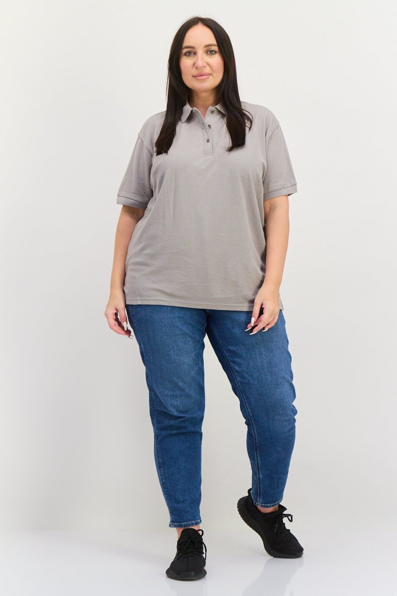 Featherlite Women Spread Collar Short Sleeve Plain Polo Shirt, Grey - Image 2