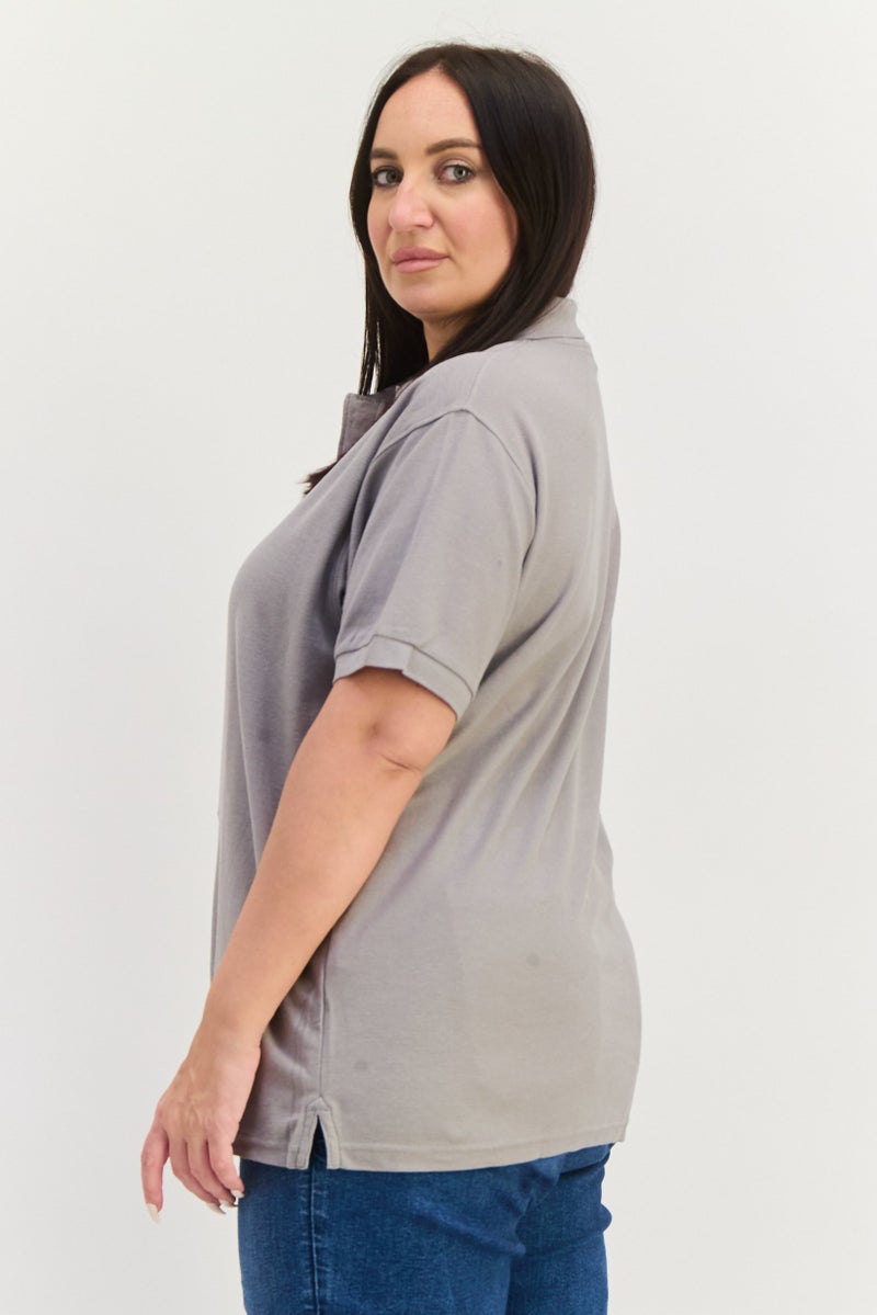 Featherlite Women Spread Collar Short Sleeve Plain Polo Shirt, Grey - Image 4