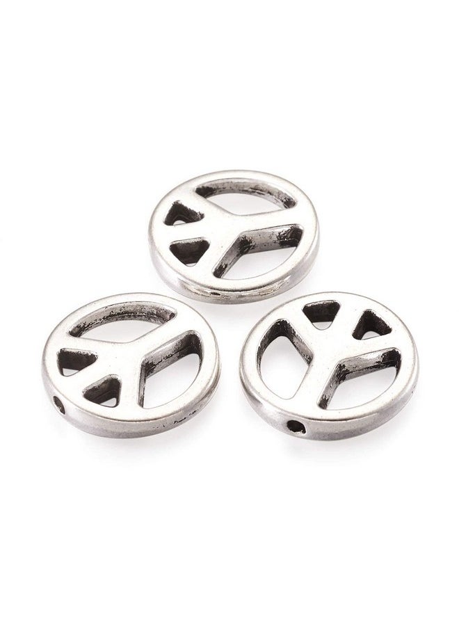 KISSITTY 50Pcs Tibetan Style Antique Silver Peace Sign Spacer Beads 13X2.5Mm Hollow Flat Round Loose Beads For Diy Jewelry Making Metal Findings Beading Supplies  - Image 2