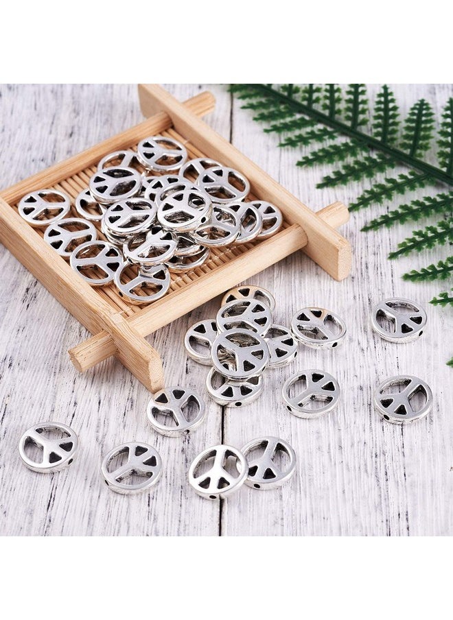 KISSITTY 50Pcs Tibetan Style Antique Silver Peace Sign Spacer Beads 13X2.5Mm Hollow Flat Round Loose Beads For Diy Jewelry Making Metal Findings Beading Supplies  - Image 5