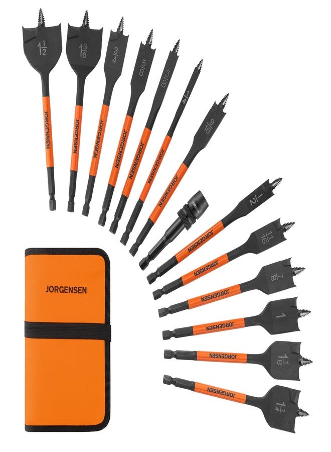 Jorgensen 14-Piece Spade Drill Bit Set with Quick-Load Connector, High-Performance Carbon Steel Paddle Bits for Woodworking, Self-Feeding Threaded Tip, Assorted Bits 1/4" to 1-1/2" with Storage Case - Image 1