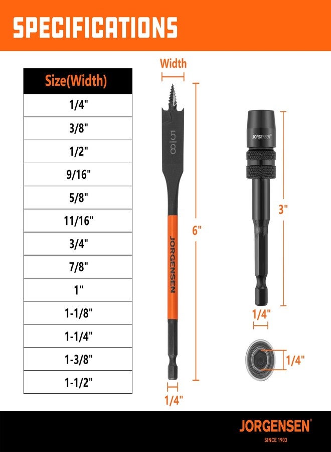 Jorgensen 14-Piece Spade Drill Bit Set with Quick-Load Connector, High-Performance Carbon Steel Paddle Bits for Woodworking, Self-Feeding Threaded Tip, Assorted Bits 1/4" to 1-1/2" with Storage Case - Image 5