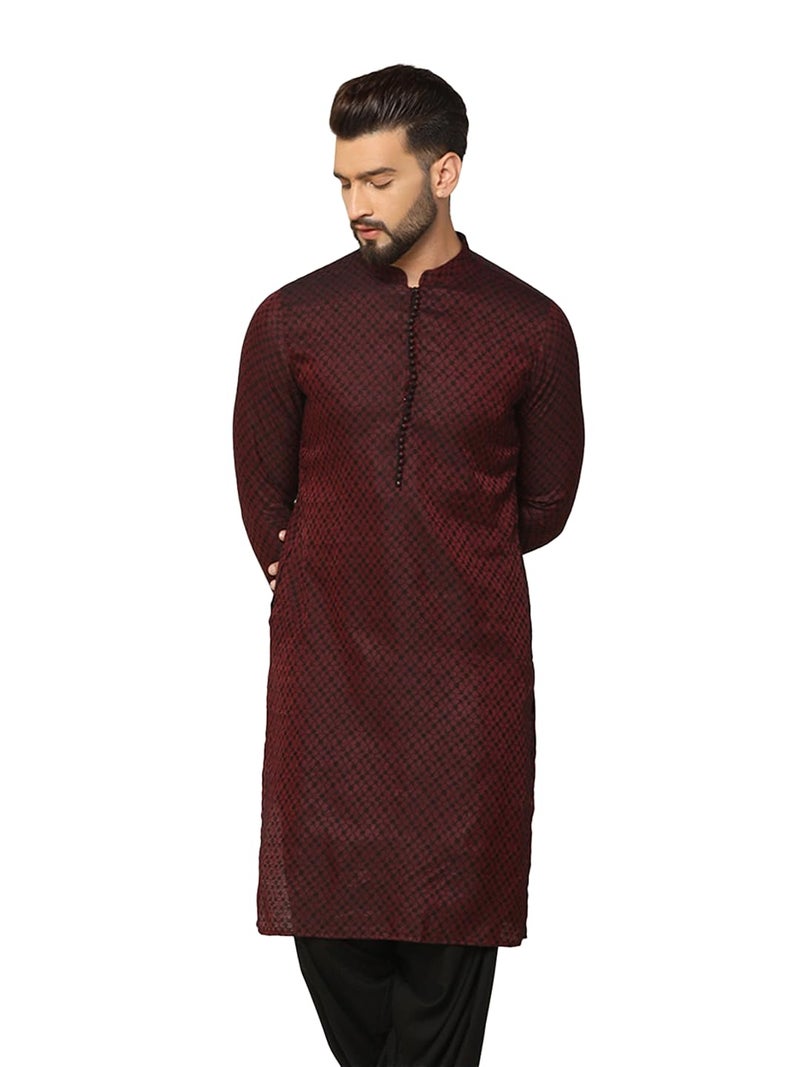 KISAH Kurta for Men – Textured Silk Blend Jacquard Kurta | Ethnic & Casual Wear for Festivals, Parties & Office Maroon - Image 1