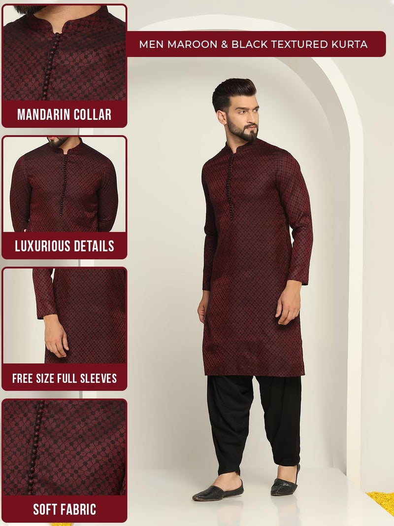 KISAH Kurta for Men – Textured Silk Blend Jacquard Kurta | Ethnic & Casual Wear for Festivals, Parties & Office Maroon - Image 2