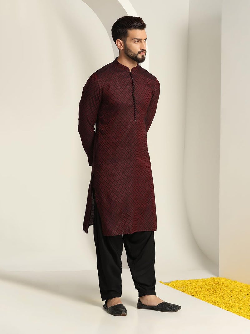KISAH Kurta for Men – Textured Silk Blend Jacquard Kurta | Ethnic & Casual Wear for Festivals, Parties & Office Maroon - Image 5
