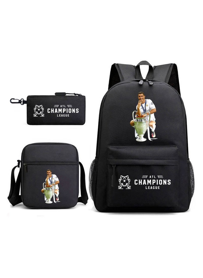 Cristiano Ronaldo Children Backpack Schoolbag Teen Student School Book bag with Lunch Box Pen Case 3 in 1 for Kids