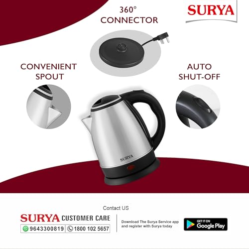 SURYA ROSHNI Aqua-i Electric Kettle 1500W 1.5L Stainless Steel Electric Kettle for Boiling Water, Tea, Coffee & Noodles | Fast Heating | Concealed Heating Element | Auto Shut-Off | 2 Year Warranty - Image 5