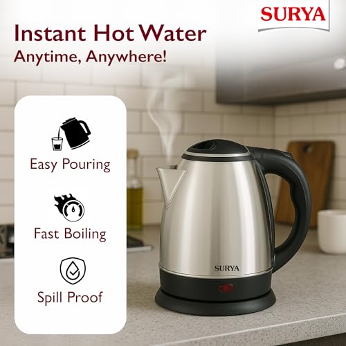 SURYA ROSHNI Aqua-i Electric Kettle 1500W 1.5L Stainless Steel Electric Kettle for Boiling Water, Tea, Coffee & Noodles | Fast Heating | Concealed Heating Element | Auto Shut-Off | 2 Year Warranty - Image 3