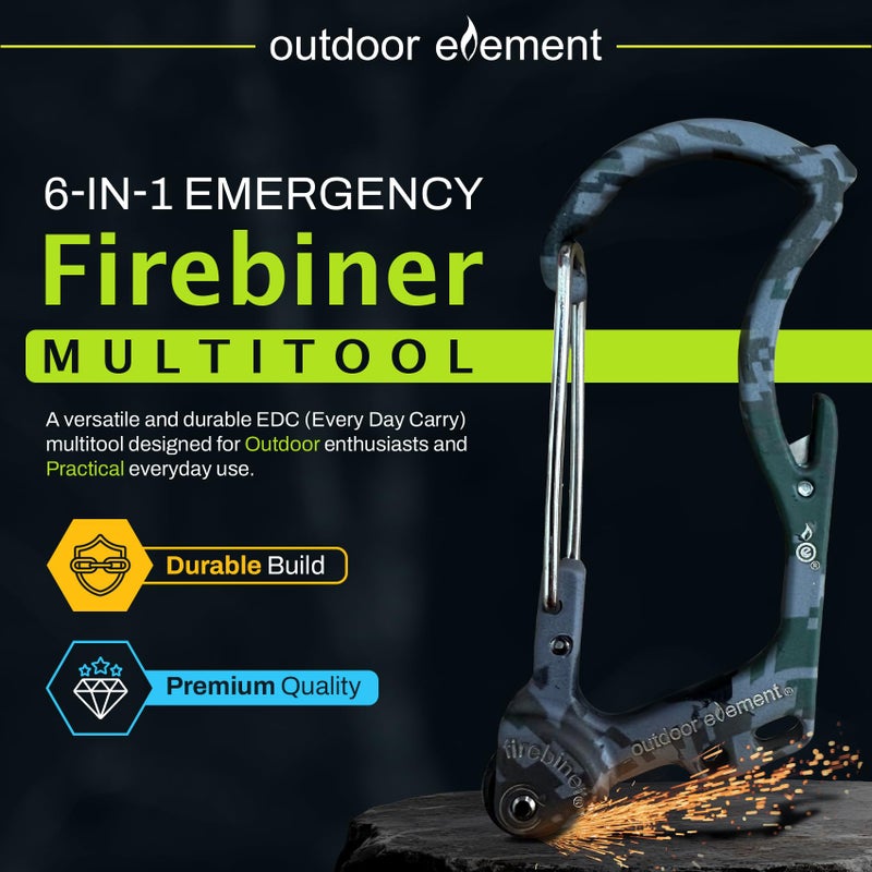 OUTDOOR ELEMENT أداة متعددة الاستخدامات 6 في 1 من OUTDOOR ELEMENT FirebinerÂ® مع مشعل EverSparkâ„¢، وشفرة متعددة الاستخدامات، وفتاحة زجاجات، ومفك براغي - هدية فريدة لمغامرات الهواء الطلق - رمادي تمويهي - Image 2