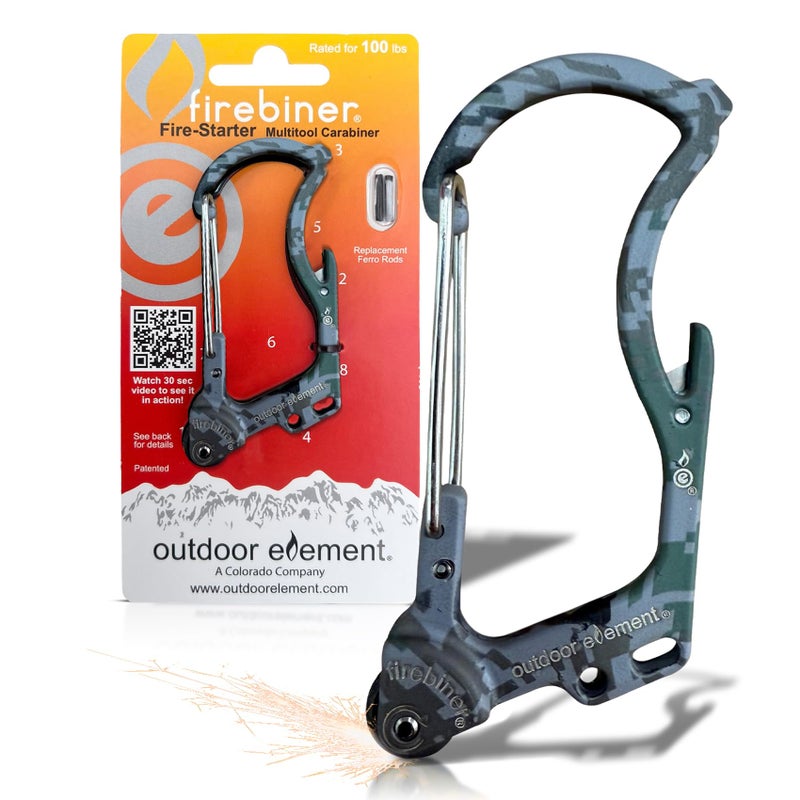 OUTDOOR ELEMENT أداة متعددة الاستخدامات 6 في 1 من OUTDOOR ELEMENT FirebinerÂ® مع مشعل EverSparkâ„¢، وشفرة متعددة الاستخدامات، وفتاحة زجاجات، ومفك براغي - هدية فريدة لمغامرات الهواء الطلق - رمادي تمويهي - Image 1