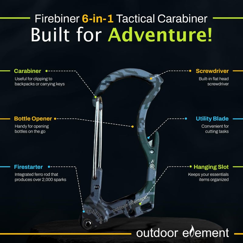 OUTDOOR ELEMENT أداة متعددة الاستخدامات 6 في 1 من OUTDOOR ELEMENT FirebinerÂ® مع مشعل EverSparkâ„¢، وشفرة متعددة الاستخدامات، وفتاحة زجاجات، ومفك براغي - هدية فريدة لمغامرات الهواء الطلق - رمادي تمويهي - Image 3