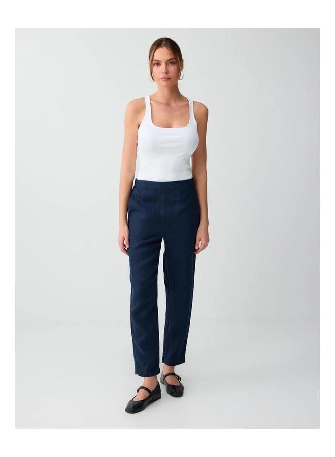 Jimmy Key Navy 100% Linen Regular Leg High Waist Woven Pants.