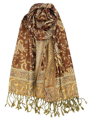 Achillea Soft Silky Reversible Paisley Pashmina Shawl Wrap Scarf w/Fringes (Brown) - Image 5