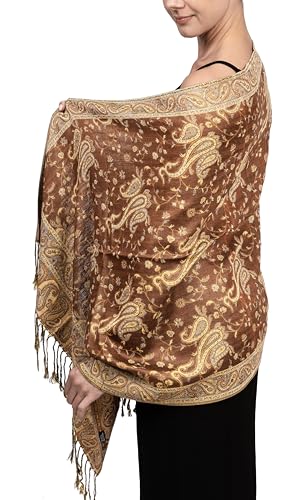 Achillea Soft Silky Reversible Paisley Pashmina Shawl Wrap Scarf w/Fringes (Brown) - Image 3