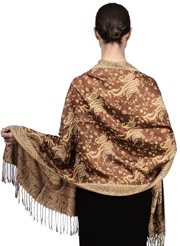 Achillea Soft Silky Reversible Paisley Pashmina Shawl Wrap Scarf w/Fringes (Brown) - Image 4