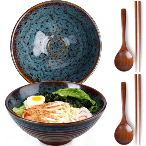 NUTRIUPS 8 Inch Ceramic Ramen Bowl Set of 2 Pho Bowls Japanese Noodle Udon Soup Bowls with Spoons and Chopsticks Peacock Tail