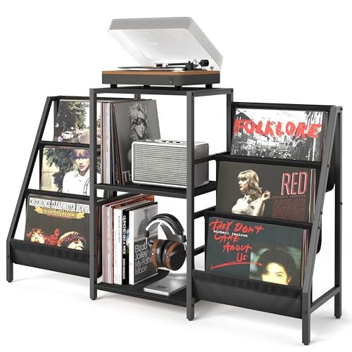 Tewinko Record Player Stand with Vinyl Storage, Record Player Table with Vinyl Record Storage Up to 280 Albums, Turnta ble Stand with Record Holder Display Shelf, Record Cabinet for Media Stereo Audio - Image 1