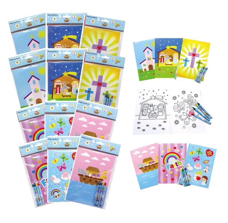 TINYMILLS Tiny Mills Christian Religious Coloring Book Set for Kids with 12 Coloring Books and 48 Crayons Favor Bag Filler Sunday School VBS Rewards Basket Fillers Church Carnivals - Image 2