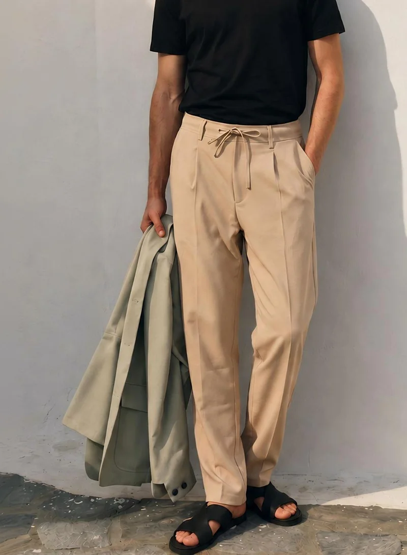 Dennis Lingo Men Beige Lycra Solid Full Cargo Straight Trouser