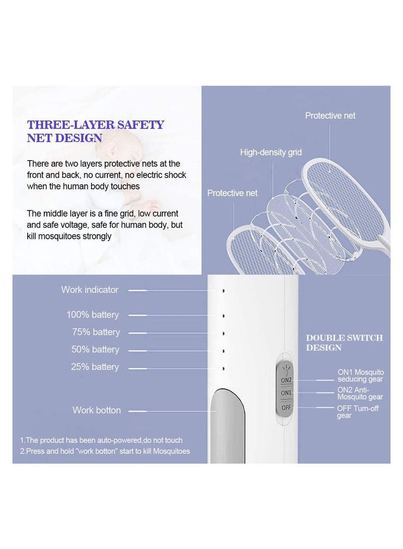 Generic 2 In 1 Handheld Electric Fly Swatter Mosquito Killer Bat Mosquitoes Lamp Racket USB Rechargeable Bug Zapper with Grid 3-Layer Mesh for Home and Outdoor Pest Control  - Image 2