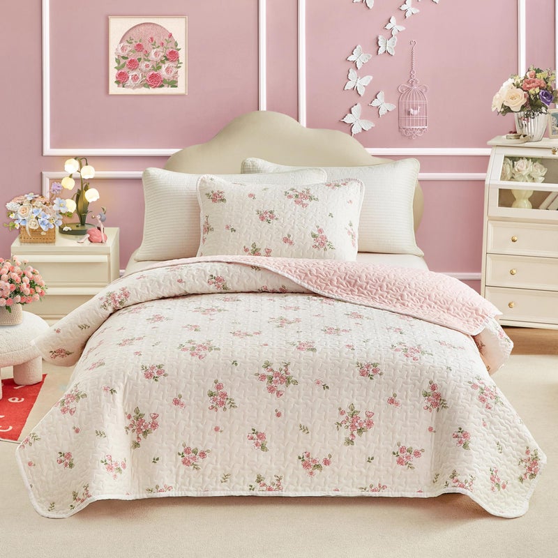Joyreap Twin Size Quilt Set for Girls, Floral Pink n White Design, 2pcs Soft n Cozy Microfiber Quilt, Bedspread Bed Cover for All Season- 68x88 inches - Image 1