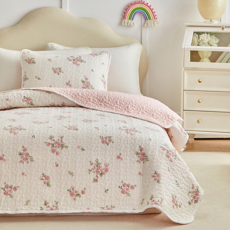 Joyreap Twin Size Quilt Set for Girls, Floral Pink n White Design, 2pcs Soft n Cozy Microfiber Quilt, Bedspread Bed Cover for All Season- 68x88 inches - Image 3