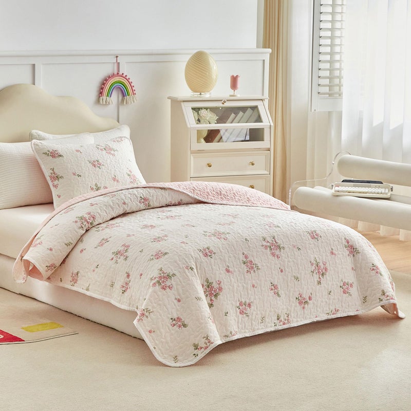 Joyreap Twin Size Quilt Set for Girls, Floral Pink n White Design, 2pcs Soft n Cozy Microfiber Quilt, Bedspread Bed Cover for All Season- 68x88 inches - Image 2