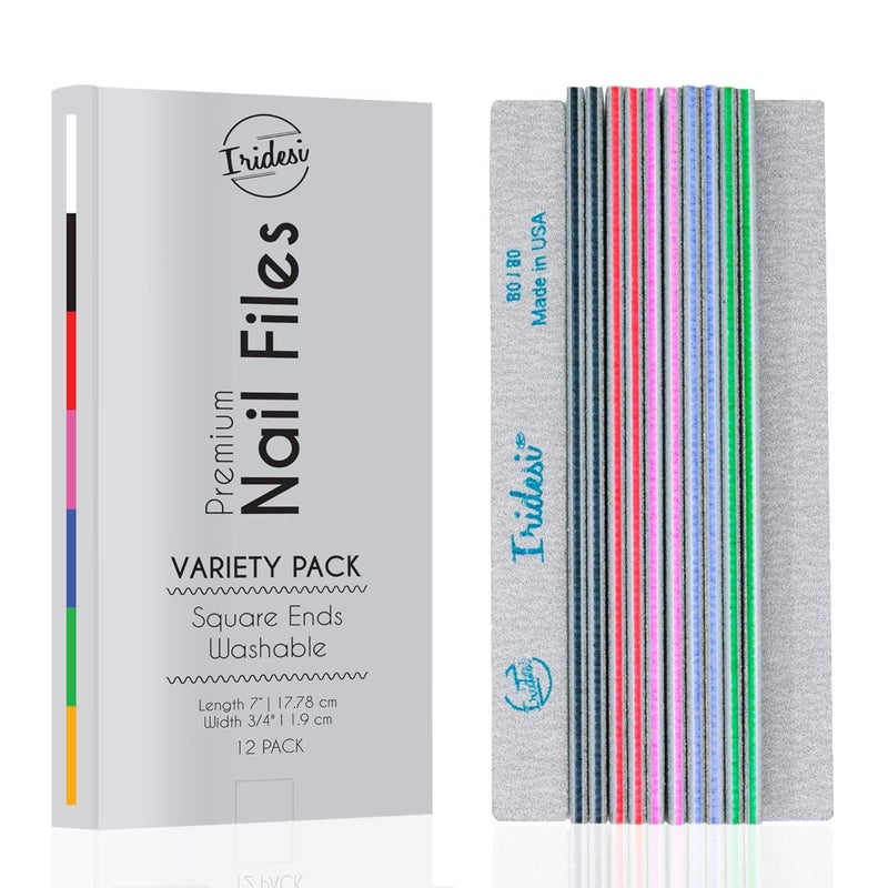 Nail File Washable 12 Pack Color Coded Emery Boards Variety Pack Nail Filer Gray Zebra Serrated Edge Square End Fingernail Files (Assorted)