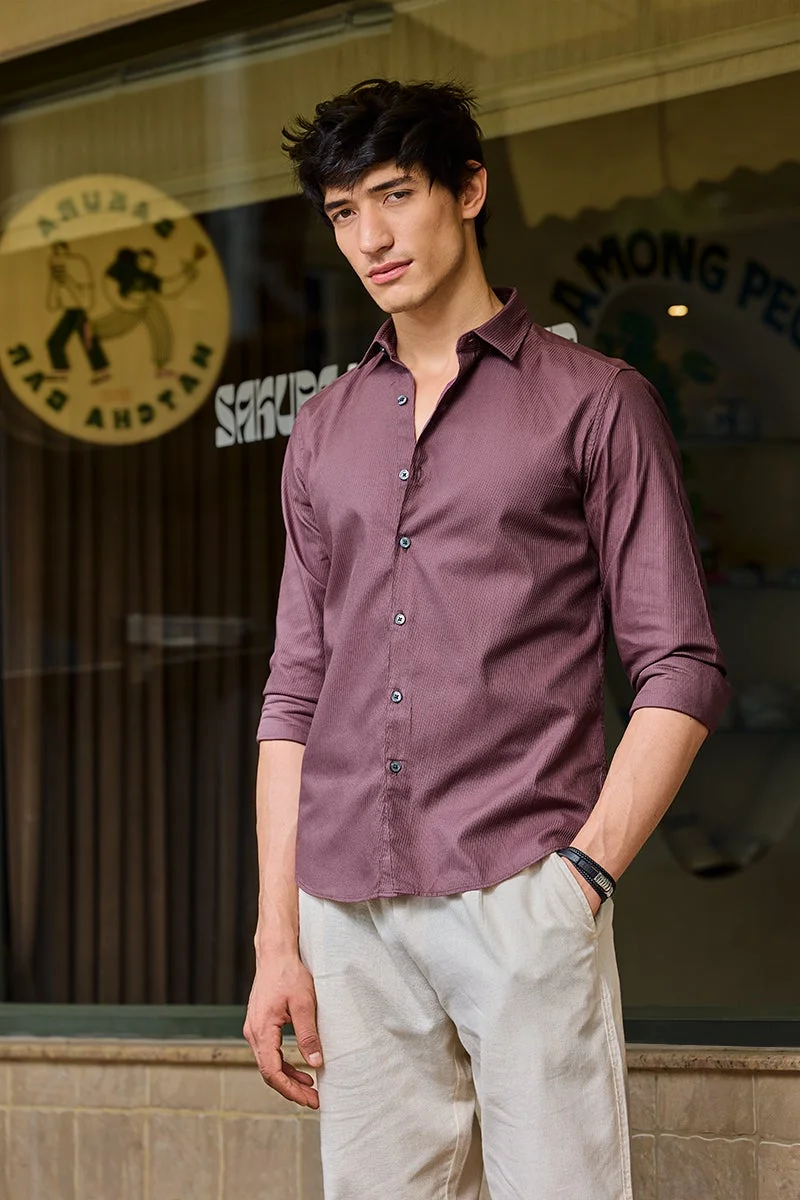 سنيتش Burgundy Textured Long Sleeve Slim Fit Shirt