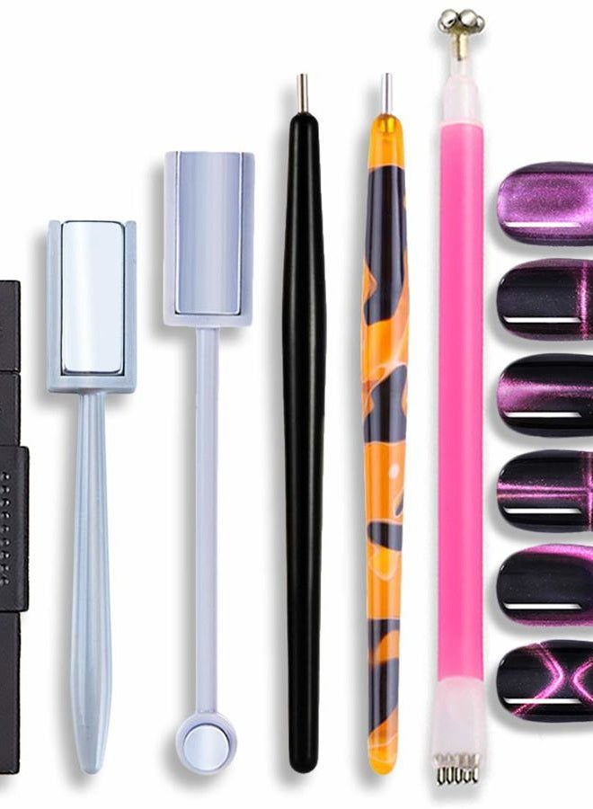 SILPECWEE 6Pcs Nail Art Magnetic Pen Set 3D Cat Eye Design Dual-Ended Magnet Wand Gel Nail Polish Magic Manicure DIY&Salon Tools - Image 1
