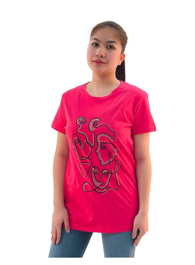 JOANNA JOANNA W203041 Women's Geometric Design Round Neck Short Sleeve T-Shirt - Pink  - Image 1