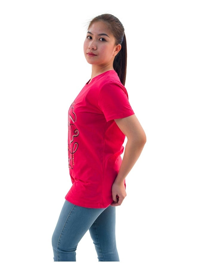 JOANNA JOANNA W203041 Women's Geometric Design Round Neck Short Sleeve T-Shirt - Pink  - Image 2