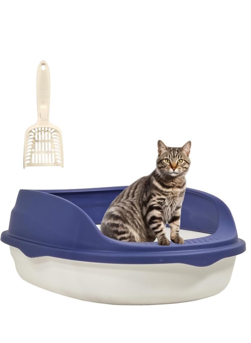 MAJIBAO Cat litter box semi-enclosed toilet Sandbox with litter scoop, Suitable for medium and large cats, Easy to clean high side, Anti splash, Open large design 44 cm L (Blue and White Color)  - Image 1