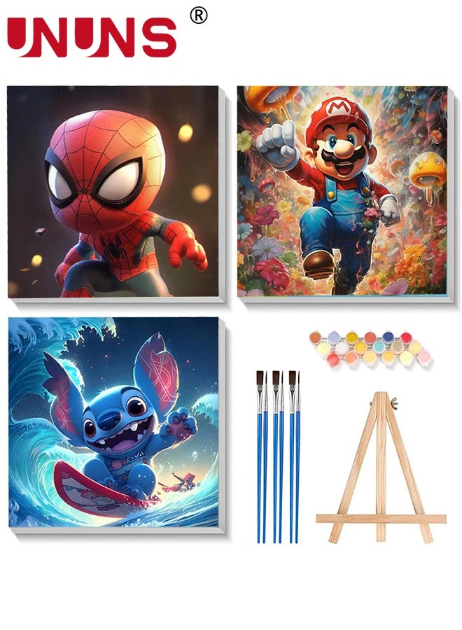 UNUNS 3 Pack Cartoon Paint by Number for Kids,Frame-Paint by Numbers for Kids Ages 4-8-12,DIY Paints with Numbers Easy Acrylic Oil Painting Kits for Home Wall Decor,8X8inch - Image 1