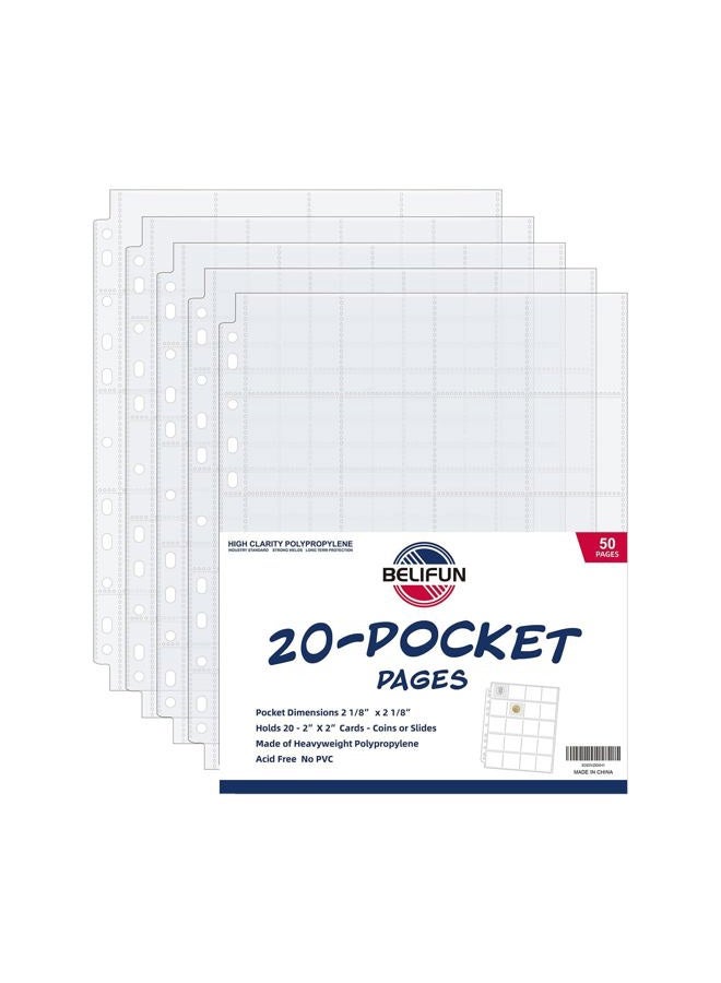 belifun 50ct 20-Pocket Coin Pages - Coin Pocket Pages for 2 x 2 Inch Cardboard Coin Holders, 11 Holes for Coin Binder, Coin Collecting Album Protectors, Coin Collection Storage - Image 1
