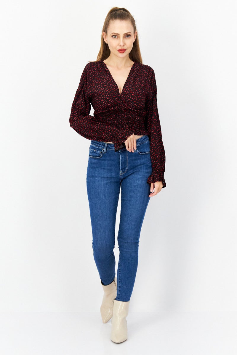 NA-KD Women V Neck Long Sleeve Floral Print Top, Black - Image 3