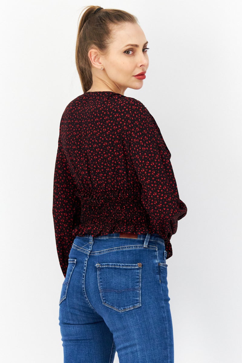 NA-KD Women V Neck Long Sleeve Floral Print Top, Black - Image 4