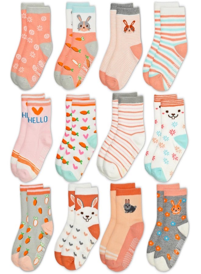 GRPSKCOS Toddler Girls Socks, 12 Pack Non Slip Breathable Crew Socks with Grips for 1-7 Years Kids(Carrot Bunny,1-3T) - Image 1