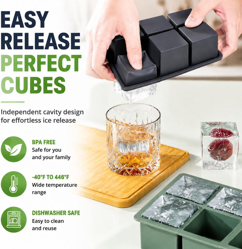 GGUW Large Ice Cube Tray for Whiskey - 2" Big Silicone Ice Tray with Lid - 3 Pack Old Fashioned Ice Cube Trays for Cocktail - Image 2