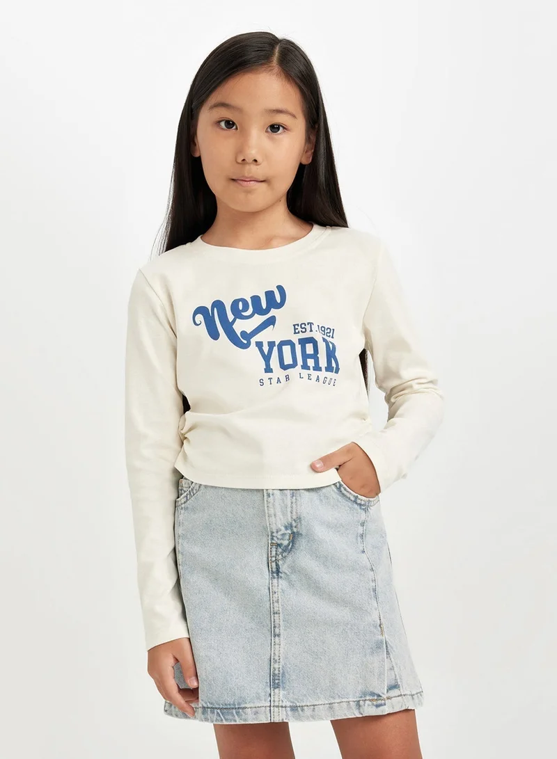 DeFacto Cropped Crew Neck Printed Ribbed Long Sleeve T-Shirt