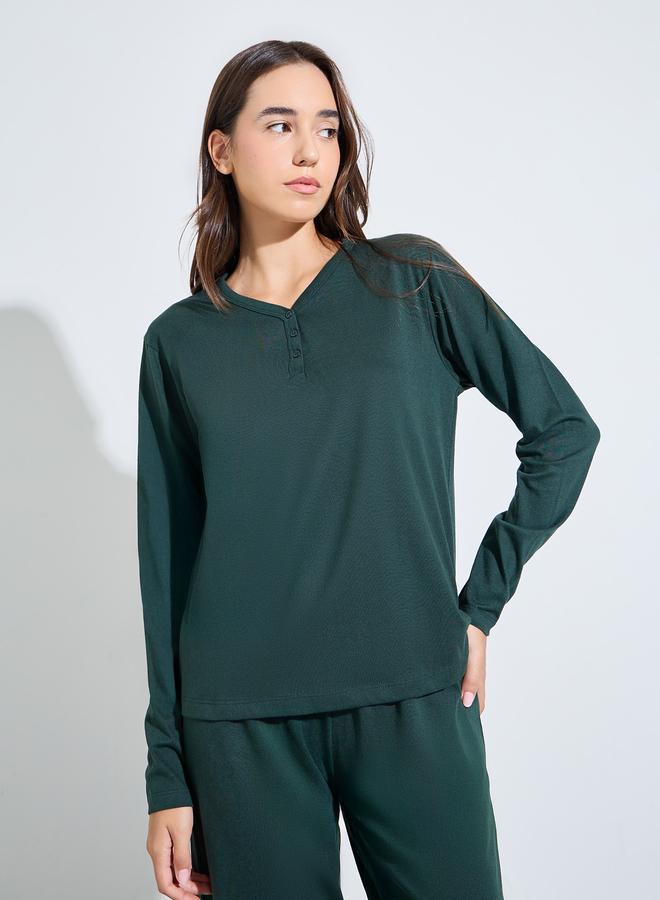 Styli Cotton V Neck Button Front T-Shirt and Pyjama Set - Image 2