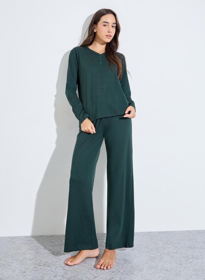 Styli Cotton V Neck Button Front T-Shirt and Pyjama Set - Image 1