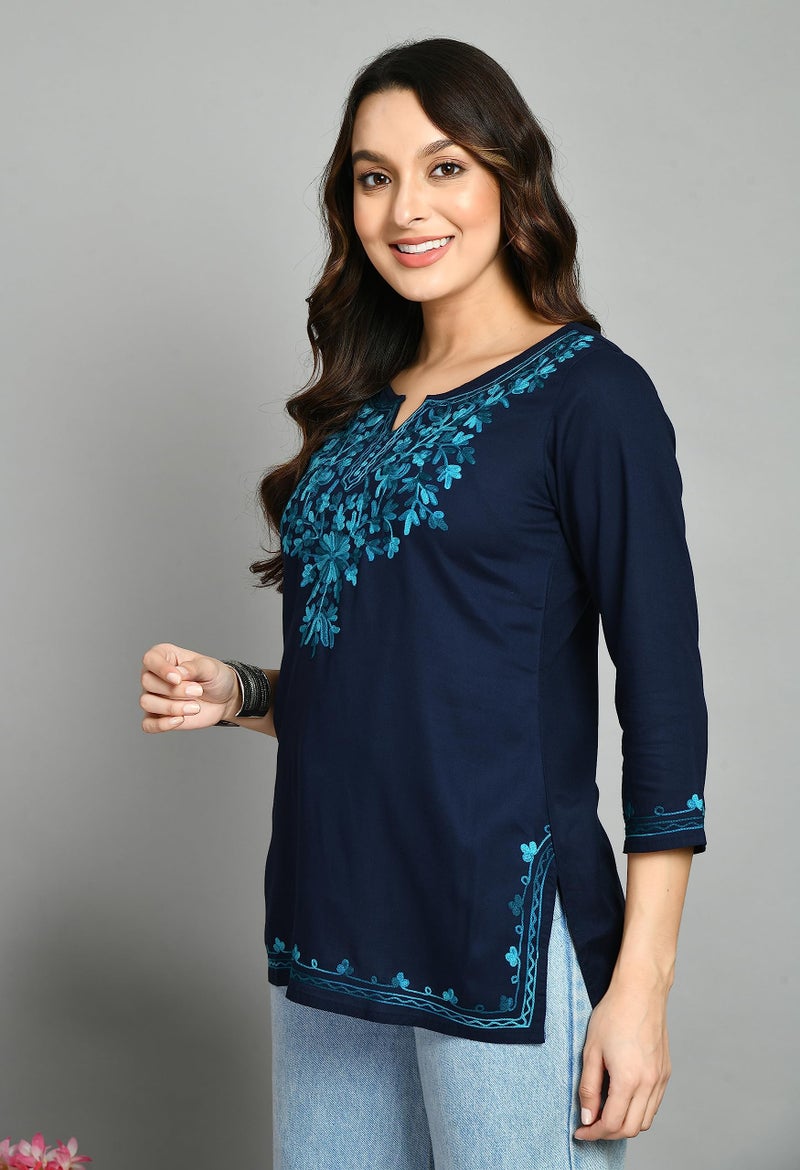QAZMI Women Aari Embroidered Rayon Cotton Short Regular Fit Kurti (Large, Navy Blue) - Image 4