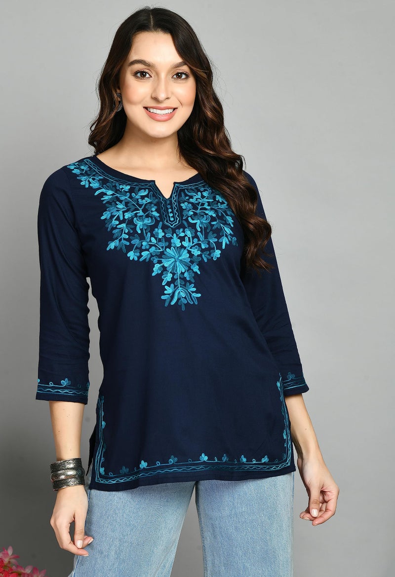 QAZMI Women Aari Embroidered Rayon Cotton Short Regular Fit Kurti (Large, Navy Blue) - Image 2