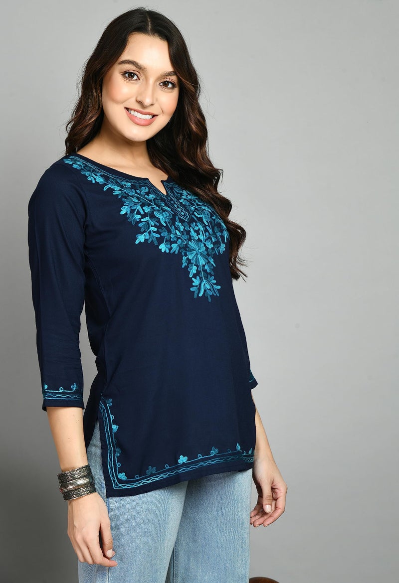 QAZMI Women Aari Embroidered Rayon Cotton Short Regular Fit Kurti (Large, Navy Blue) - Image 3