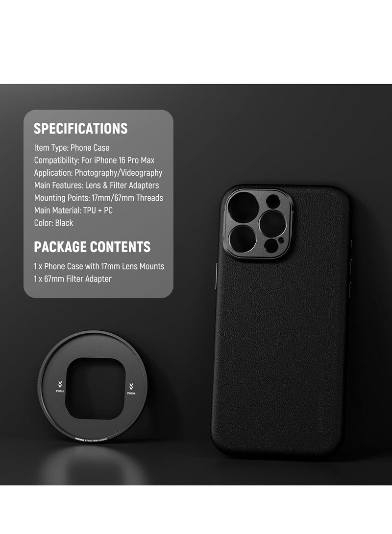 نيوير جراب هاتف NEEWER لهاتف iPhone 16 Pro Max، جراب واقٍ متين من مادة TPU/PC مع حوامل عدسات 17 مم، محول فلتر 67 مم، جلد صناعي غير قابل للانزلاق، متوافق مع iPhone 16 Pro Max MagSafe، PA084 أسود - Image 4