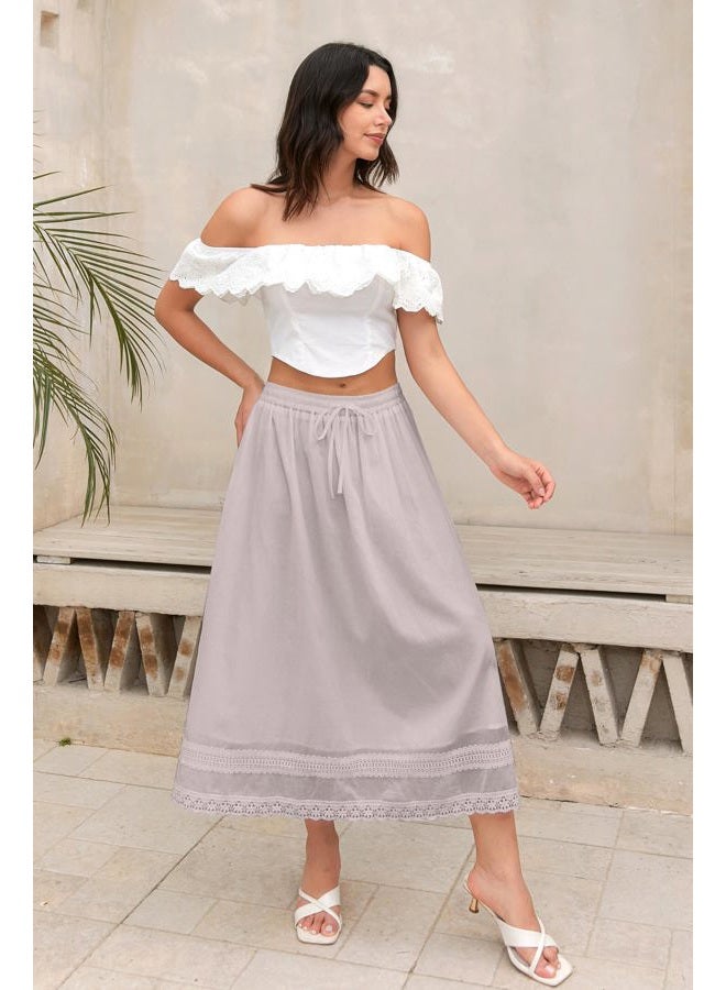 SANGTREE Women's Lace Cotton Linen Skirt Drawstring Waist A Line Beach Flowy Long Skirts, Grey Pink, XL - Image 4
