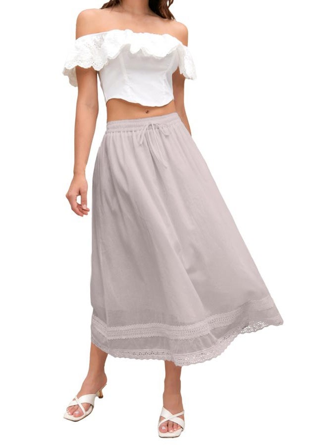 SANGTREE Women's Lace Cotton Linen Skirt Drawstring Waist A Line Beach Flowy Long Skirts, Grey Pink, XL - Image 3