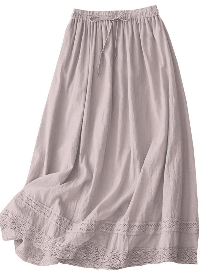 SANGTREE Women's Lace Cotton Linen Skirt Drawstring Waist A Line Beach Flowy Long Skirts, Grey Pink, XL - Image 1